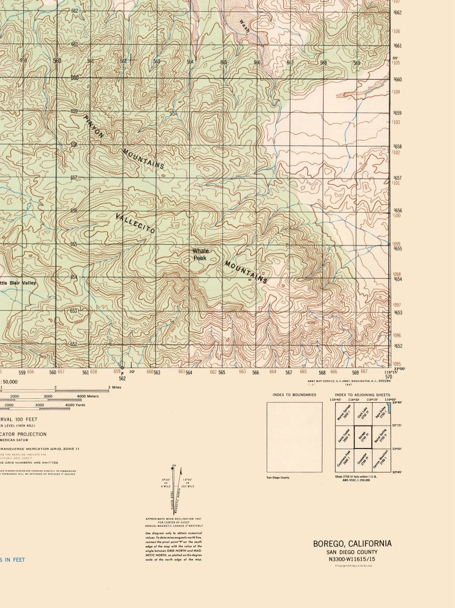 Topographical Map - Borego Sheet - US Army 1942 - 23 x 30.74 - Vintage Wall Art