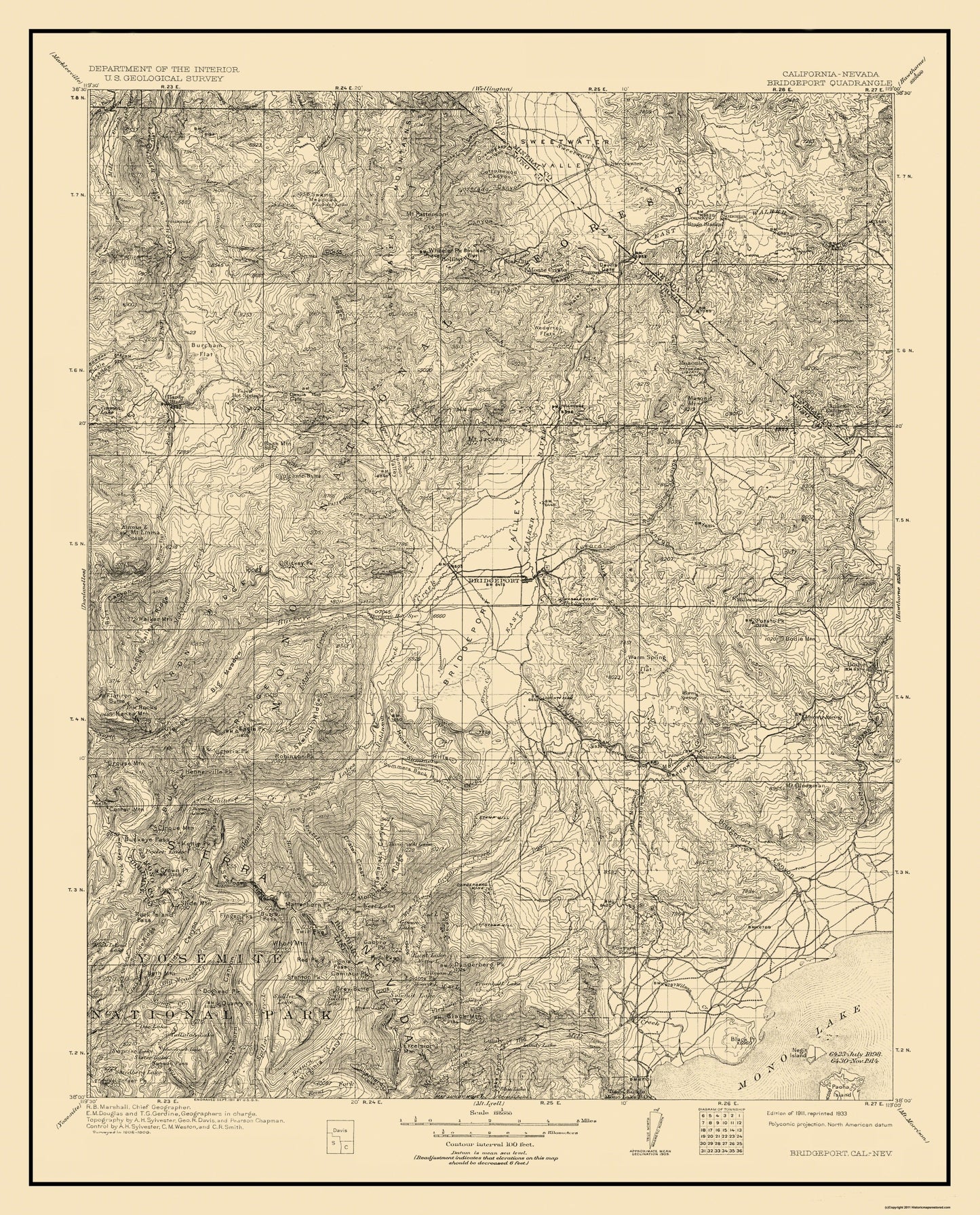 Topographical Map - Bridgeport California Nevada Quad - USGS 1911 - 23 x 28.5 - Vintage Wall Art