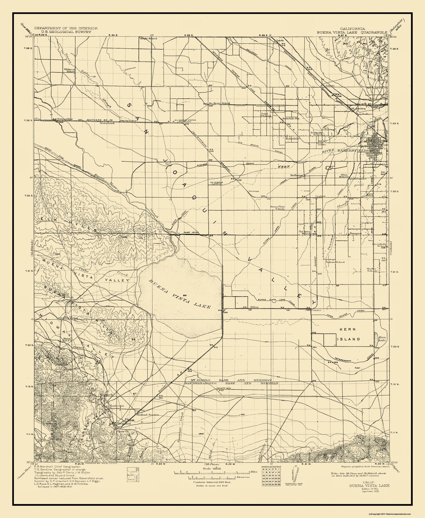 Topographical Map - Buena Vista Lake California Quad - USGS 1912 - 23 x 28.06 - Vintage Wall Art