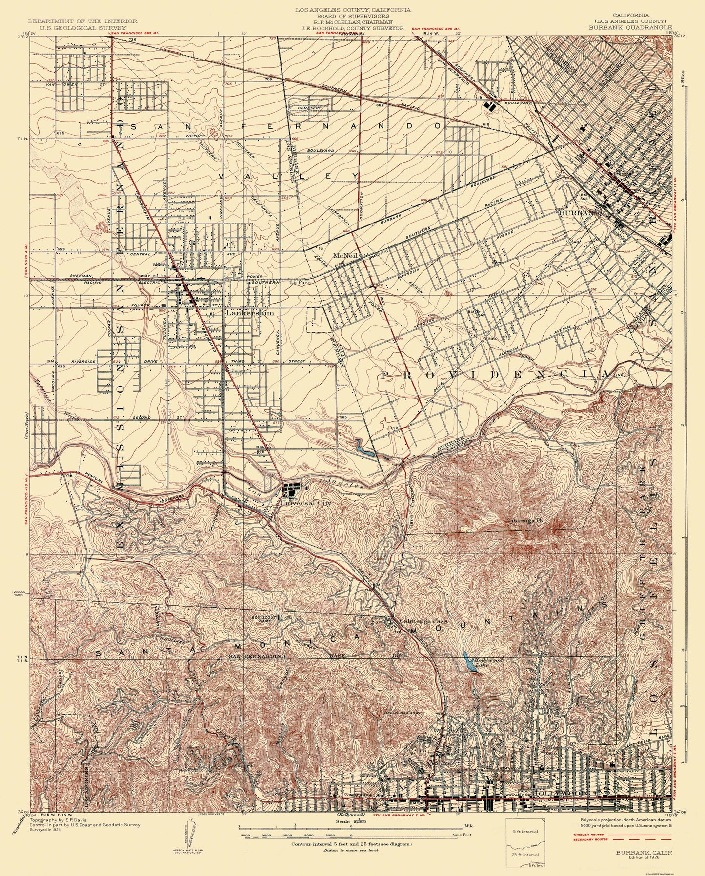 Topographical Map - Burbank California Quad - USGS 1926 - 23 x 28.56 - Vintage Wall Art