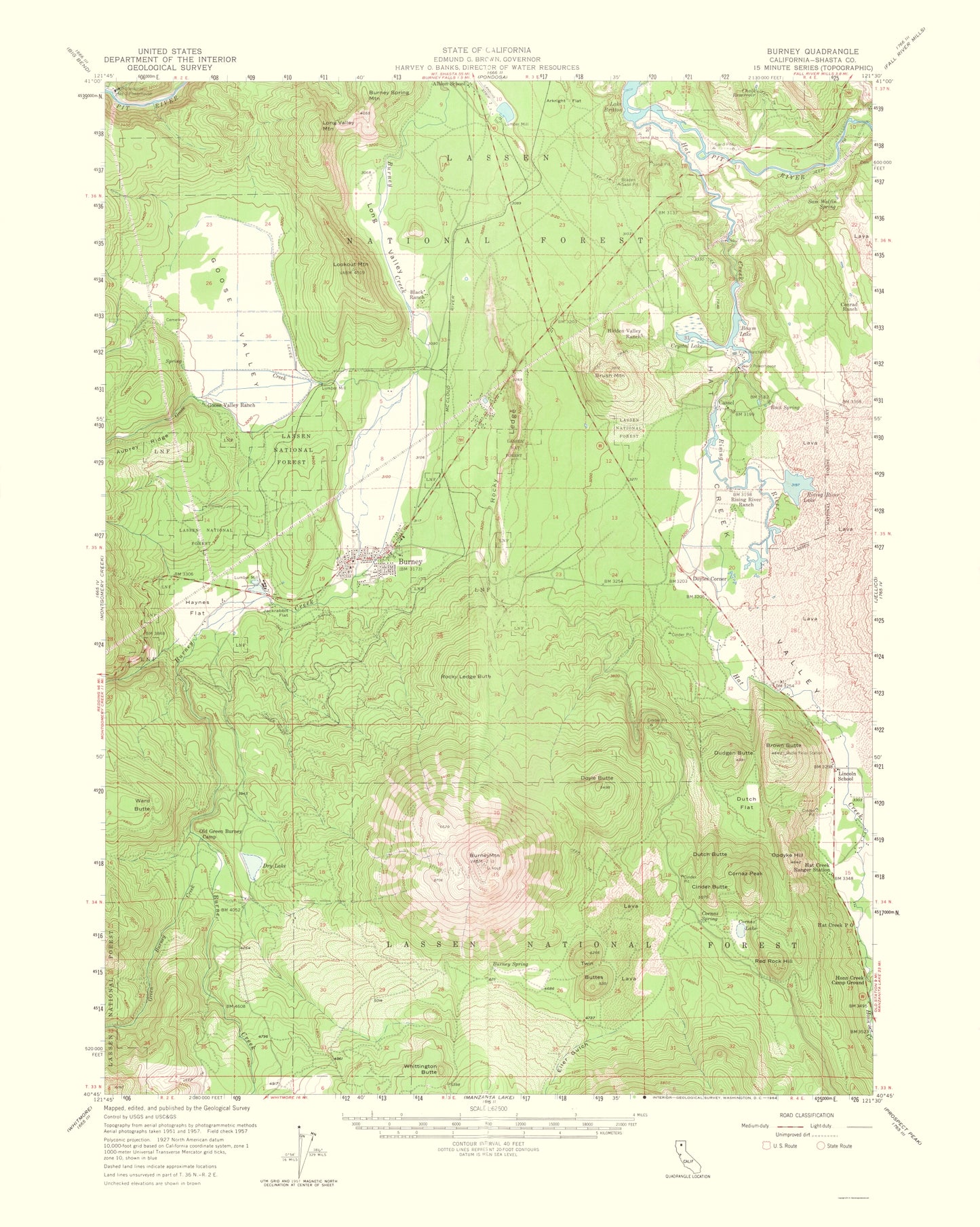 Topographical Map - Burney California Quad - USGS 1964 - 23 x 28.78 - Vintage Wall Art