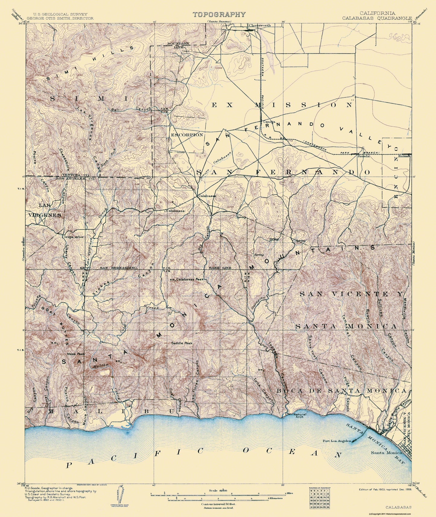 Topographical Map - Calabasas California Quad - USGS 1903 - 23 x 27.25 - Vintage Wall Art