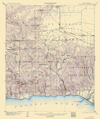 Topographical Map - Calabasas California Quad - USGS 1903 - 23 x 27.25 - Vintage Wall Art