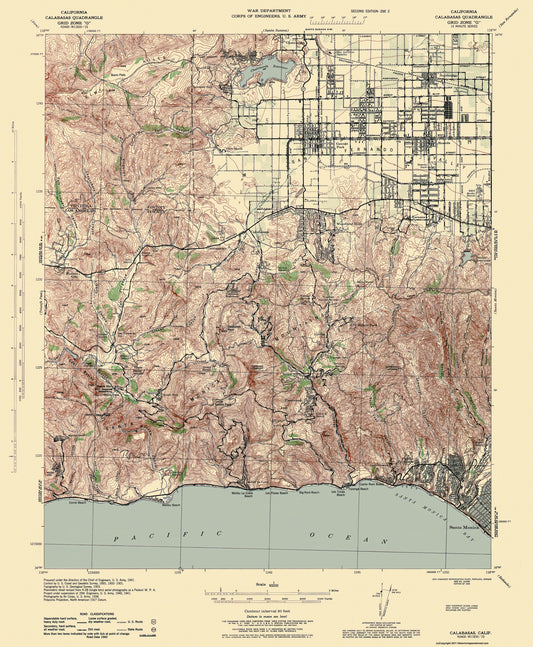 Topographical Map - Calabasas California Quad - USGS 1944 - 23 x 27.94 - Vintage Wall Art