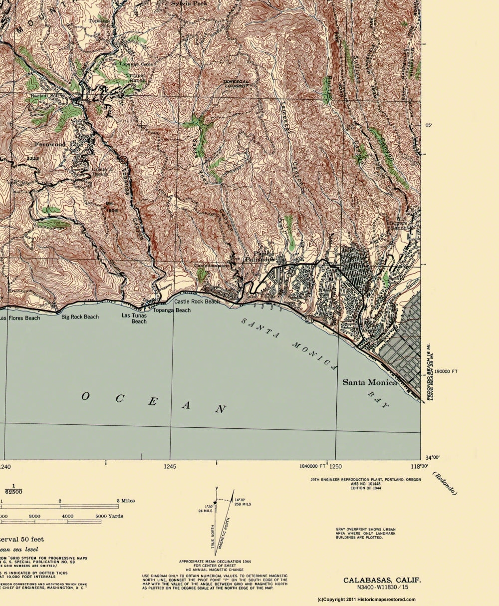 Topographical Map - Calabasas California Quad - USGS 1944 - 23 x 27.94 - Vintage Wall Art