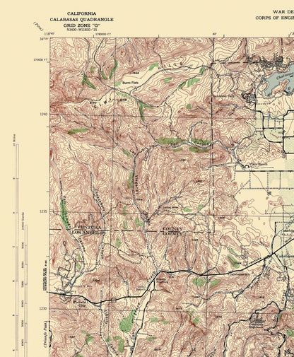 Topographical Map - Calabasas California Quad - USGS 1944 - 23 x 27.94 - Vintage Wall Art