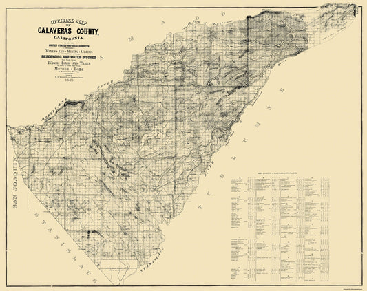 Historic Mine Map - Calaveras County California Mines - Walkup 1845 - 29 x 23 - Vintage Wall Art