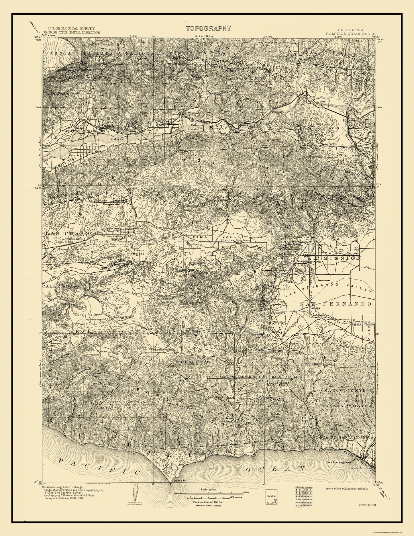 Topographical Map - Camulos California Quad - USGS 1903 - 23 x 29.75 - Vintage Wall Art