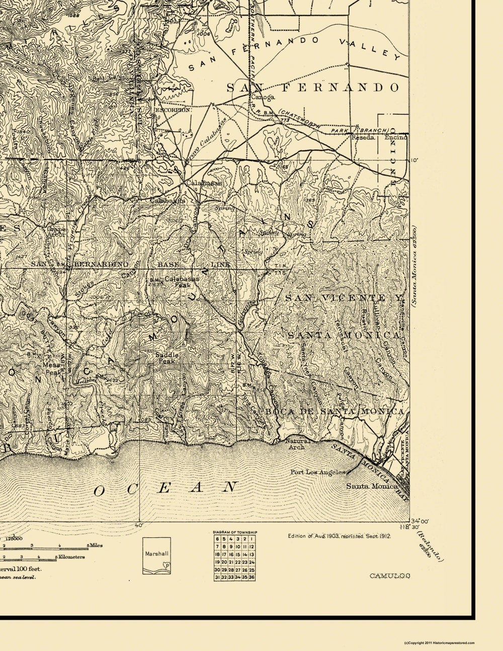 Topographical Map - Camulos California Quad - USGS 1903 - 23 x 29.75 - Vintage Wall Art