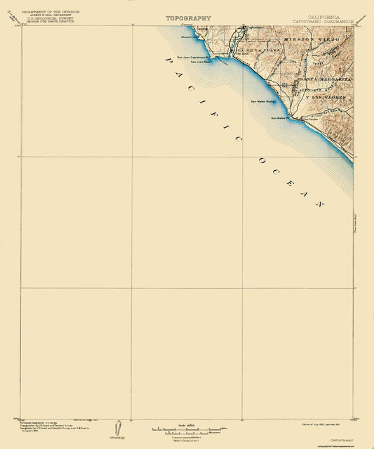 Topographical Map - Capistrano California Quad - USGS 1902 - 23 x 27.56 - Vintage Wall Art