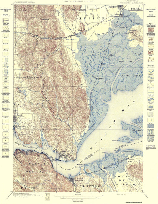 Topographical Map - Carquinez Straight California Quad - USGS 1898 - 23 x 29.75 - Vintage Wall Art