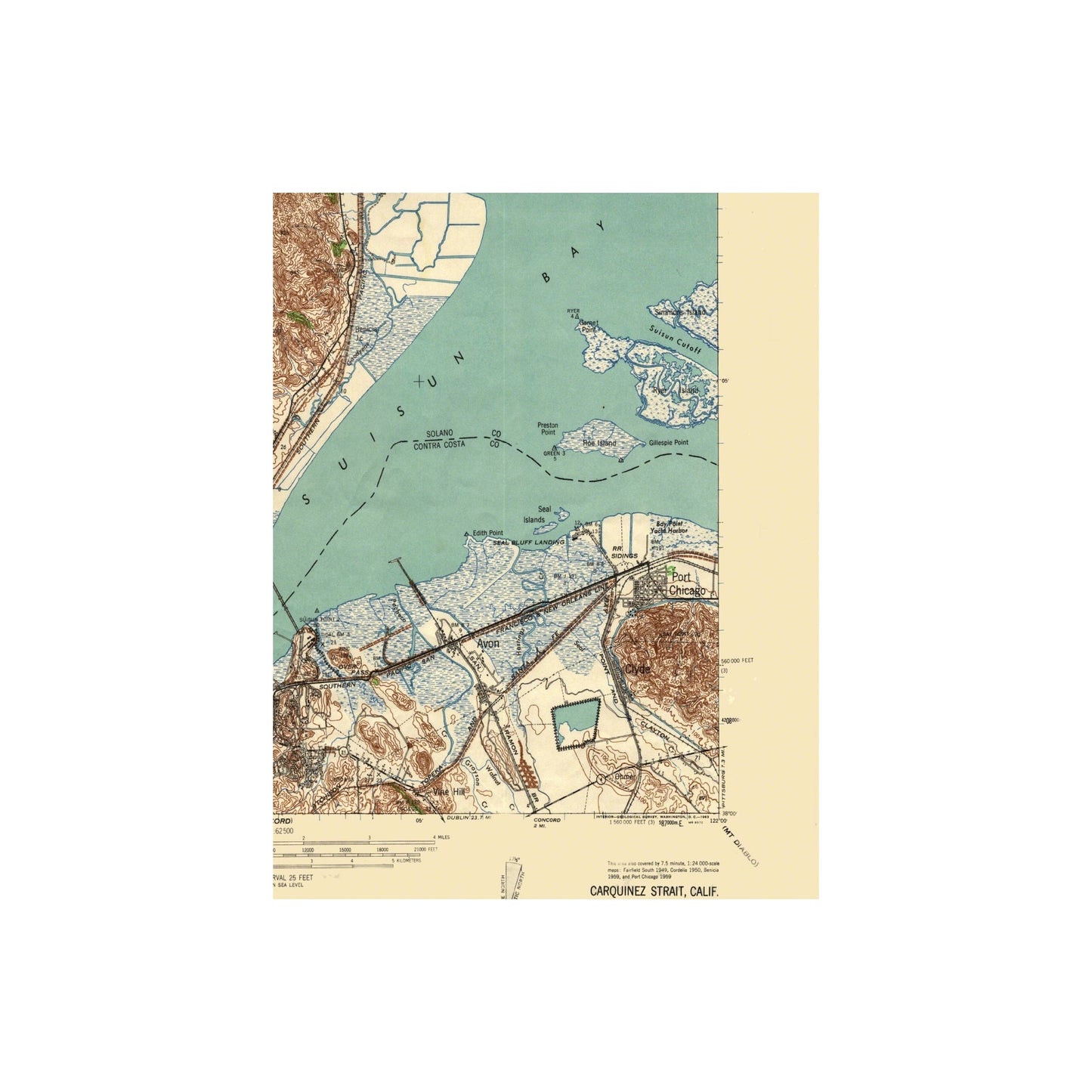 Topographical Map - Carquinez Straight California - US Army 1940 - 23 x 28.37 - Vintage Wall Art