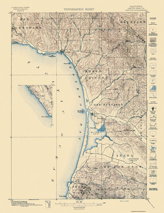 Topographical Map - Cayucos California Quad - USGS 1897 - 23 x 29.75 - Vintage Wall Art