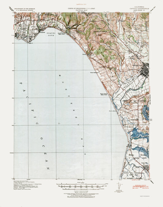 Topographical Map - Capitola California Quad - USGS 1940 - 23 x 29.25 - Vintage Wall Art