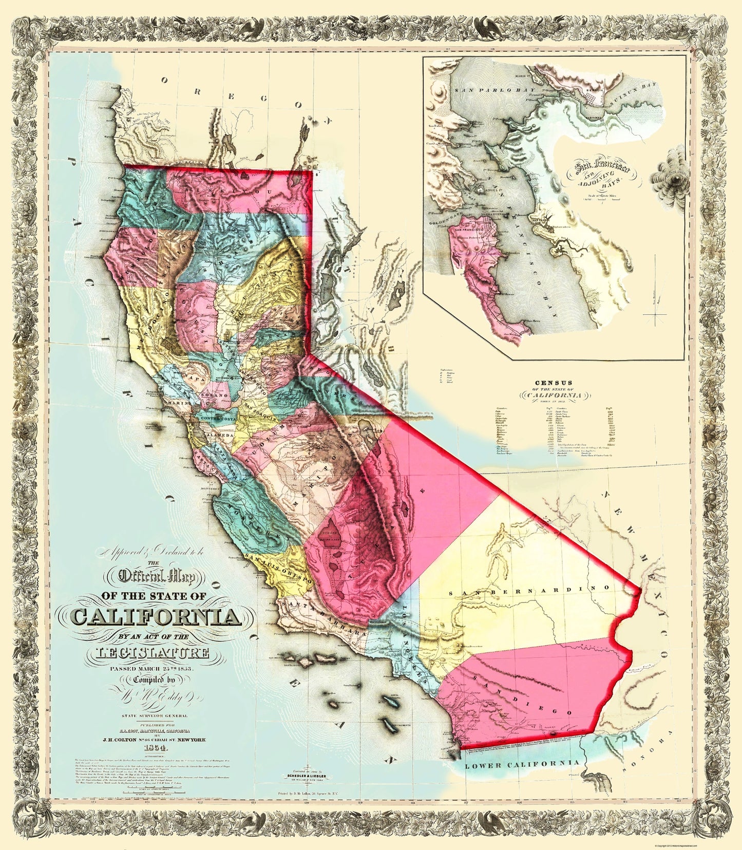 Historic State Map - California - Eddy 1854 - 23 x 26.34 - Vintage Wall Art