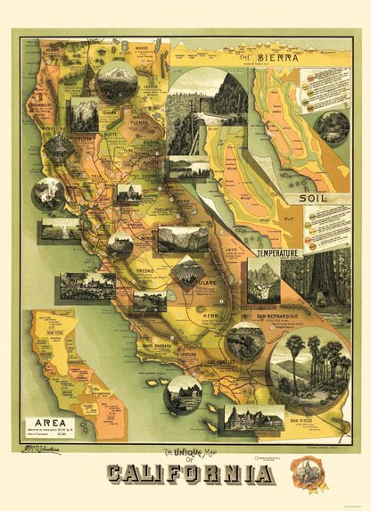 Historic State Map - California Illustrated - Jones 1898 - 23 x 31.66 - Vintage Wall Art