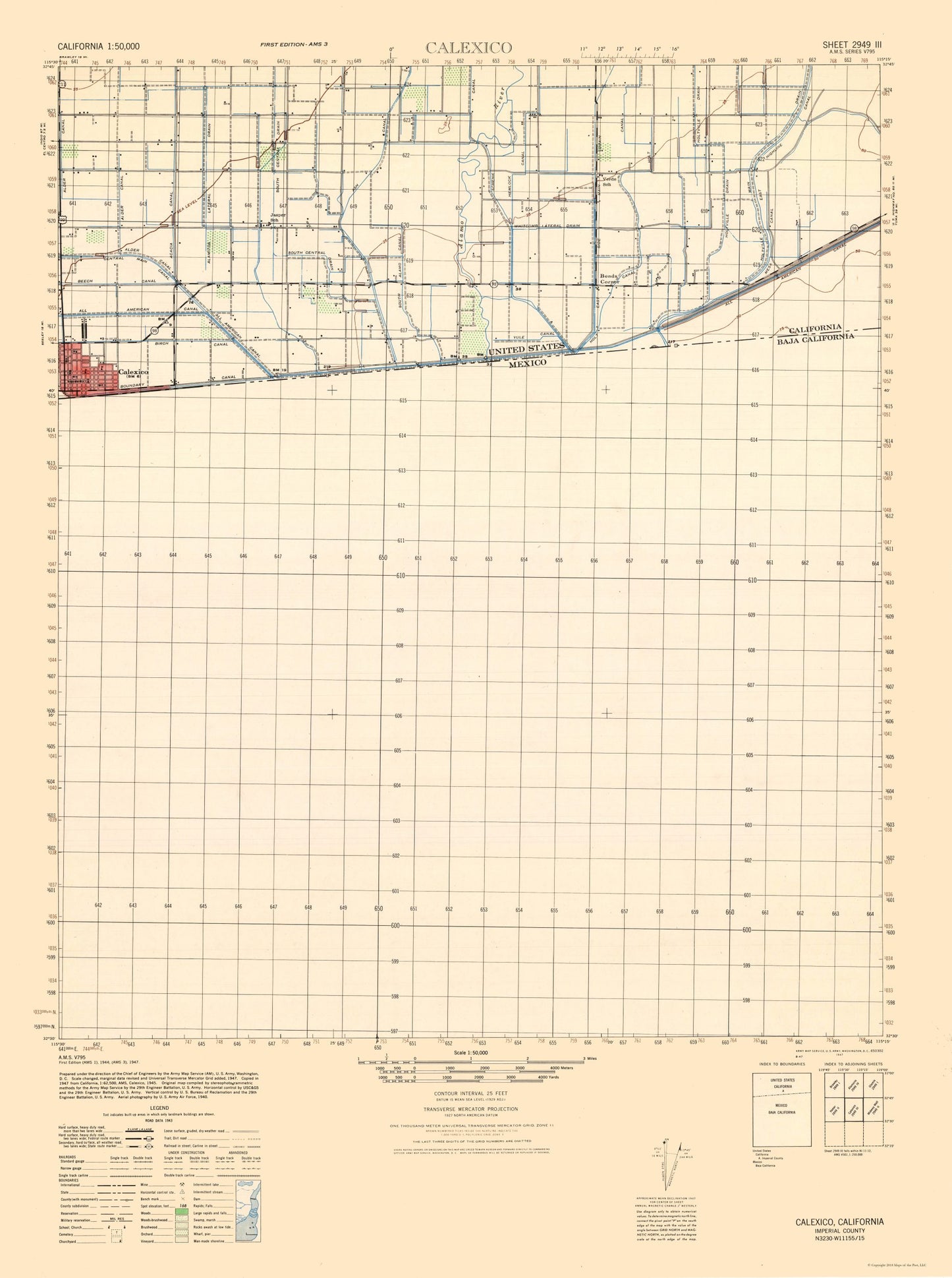 Topographical Map - Calexico Sheet - US Army 1944 - 23 x 30.84 - Vintage Wall Art