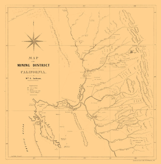 Historic Mine Map - California Mining- Jackson 1850 - 23 x 23.34 - Vintage Wall Art