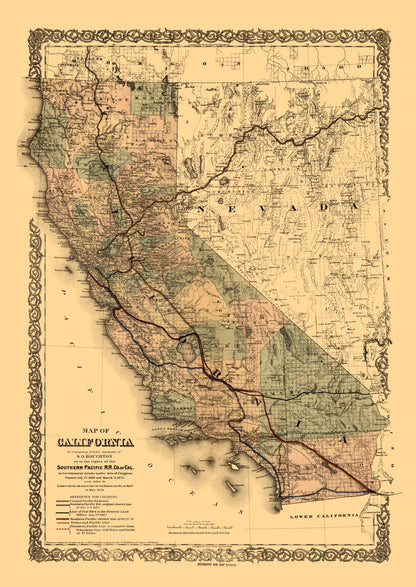 Historic State Map - California Railroads - Colton 1876 - 23 x 32.45 - Vintage Wall Art