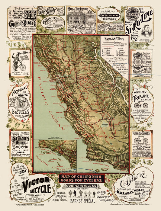 Historic Nautical Map - California Cyclers - Blum 1895 - 23 x 30.16 - Vintage Wall Art
