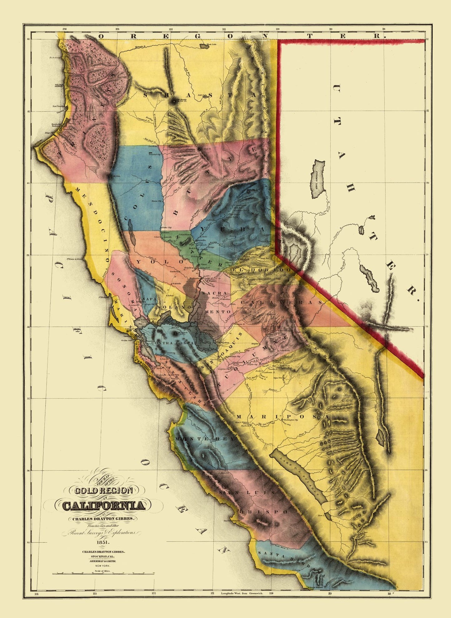 Historic Mine Map - California Gold Regions - Gibbes 1851 - 23 x 31.49 - Vintage Wall Art