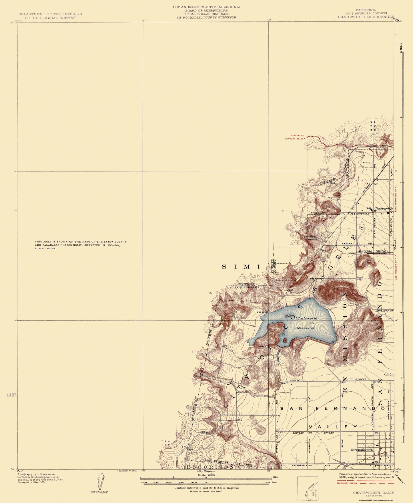 Topographical Map - Chatsworth California Quad - USGS 1927 - 23 x 28 - Vintage Wall Art