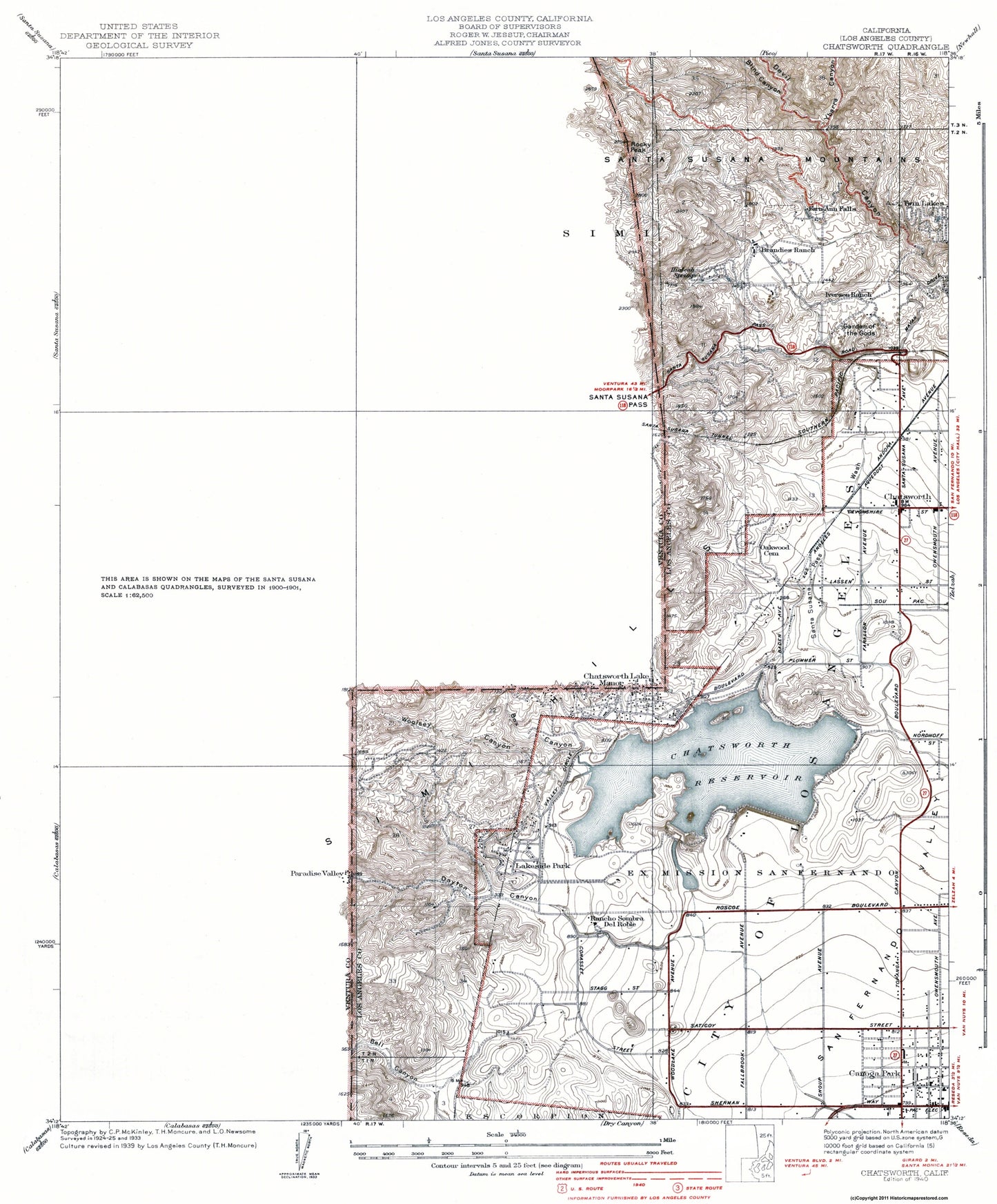 Topographical Map - Chatsworth California Quad - USGS 1940 - 23 x 27.77 - Vintage Wall Art