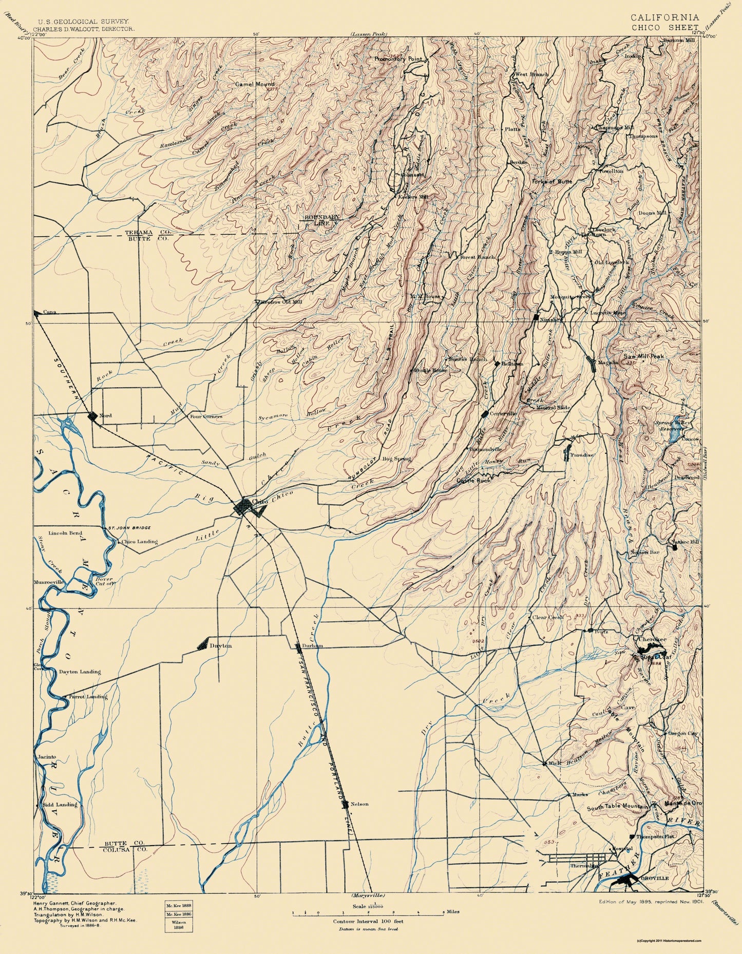 Topographical Map - Chico California Sheet - USGS 1895 - 23 x 29.56 - Vintage Wall Art