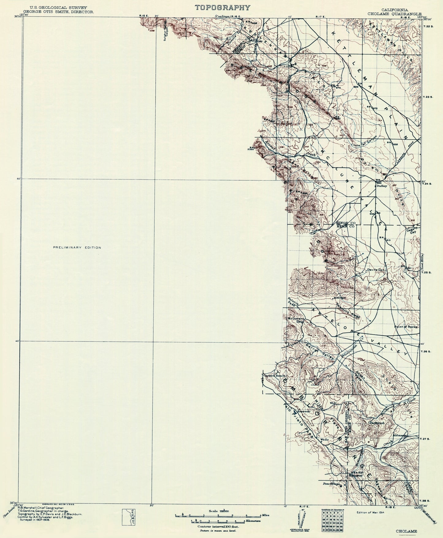 Topographical Map - Cholame California Quad - USGS 1914 - 23 x 27.93 - Vintage Wall Art