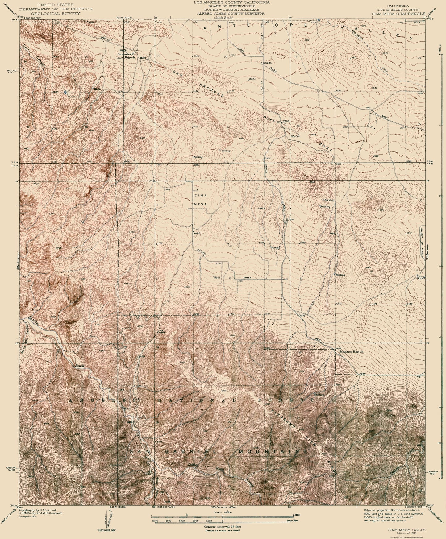 Topographical Map - Cima Mesa California Quad - USGS 1939 - 23 x 27.81 - Vintage Wall Art