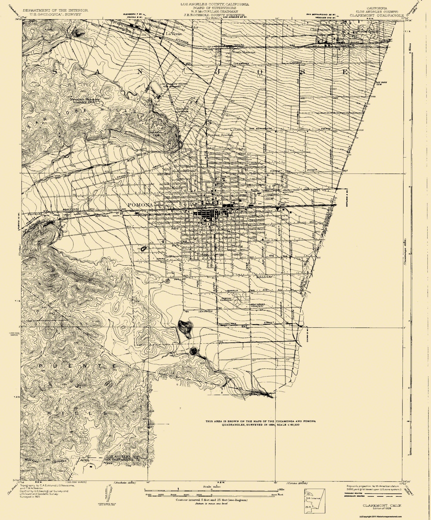 Topographical Map - Claremont California Quad - USGS 1928 - 23 x 27.71 - Vintage Wall Art