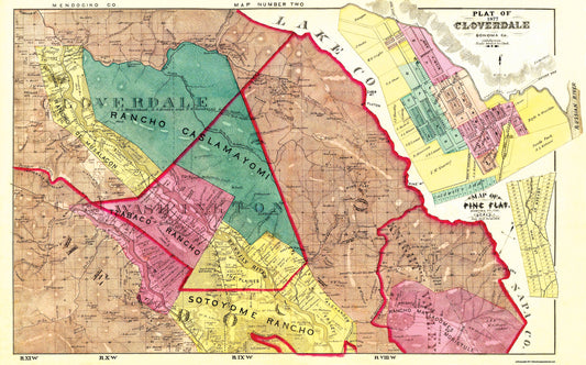 Historic City Map - Cloverdale California Plat - Thompson 1877 - 36.88 x 23 - Vintage Wall Art