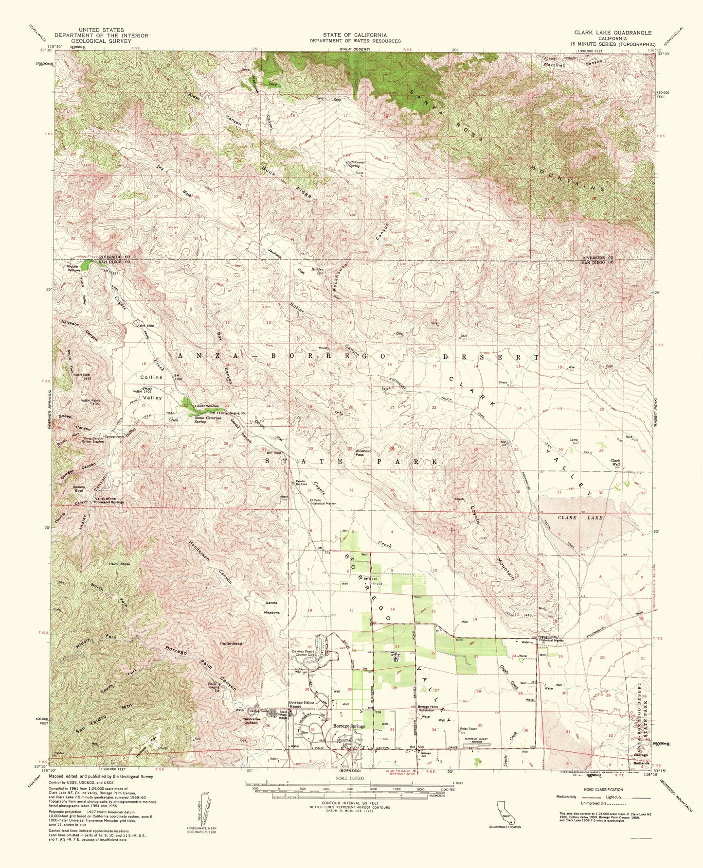 Topographical Map - Clark Lake California Quad - USGS 1962 - 23 x 28.42 - Vintage Wall Art