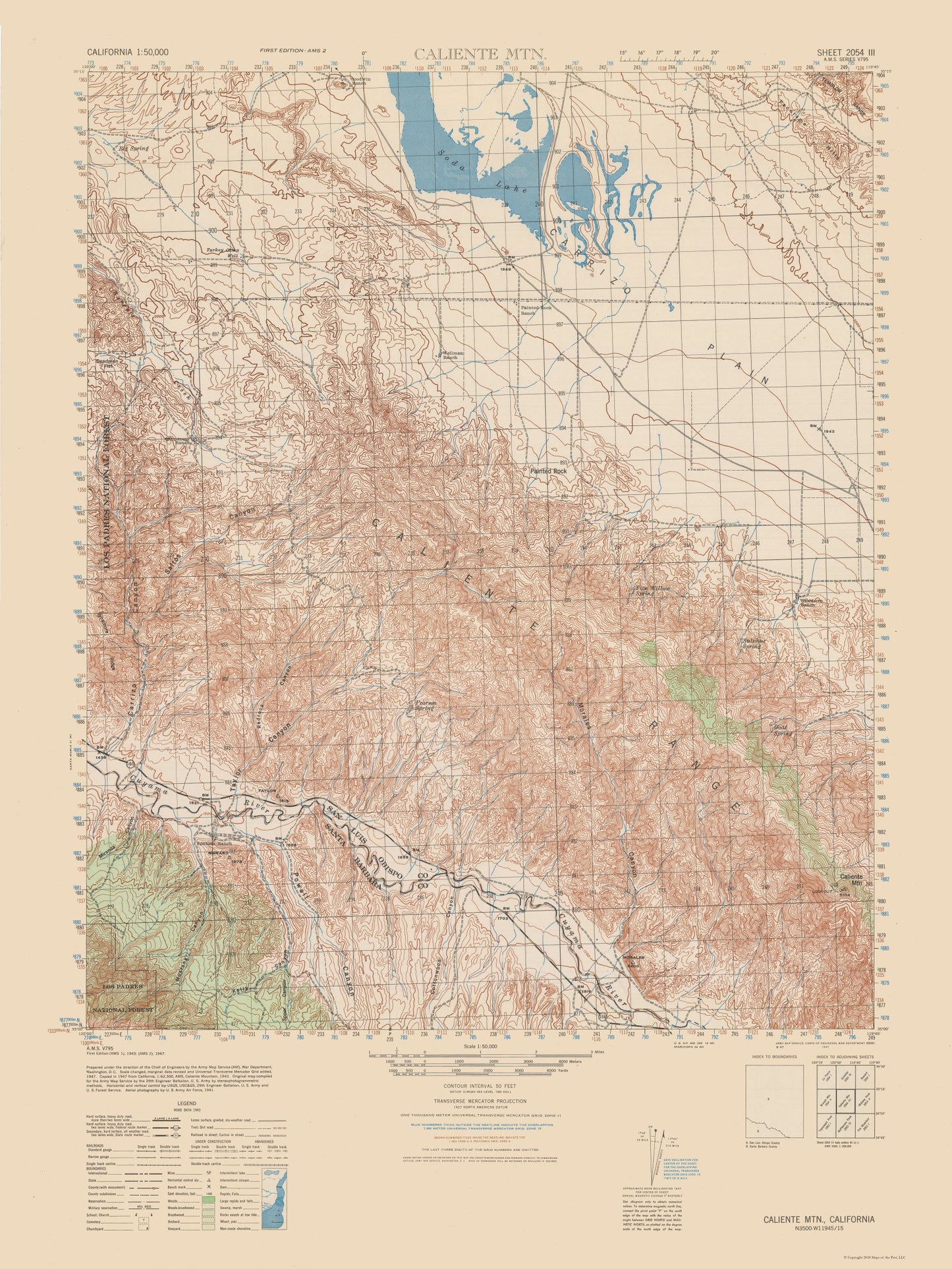 Topographical Map - Caliente Mountain Quad - USGS 1943 - 23 x 30.64 - Vintage Wall Art