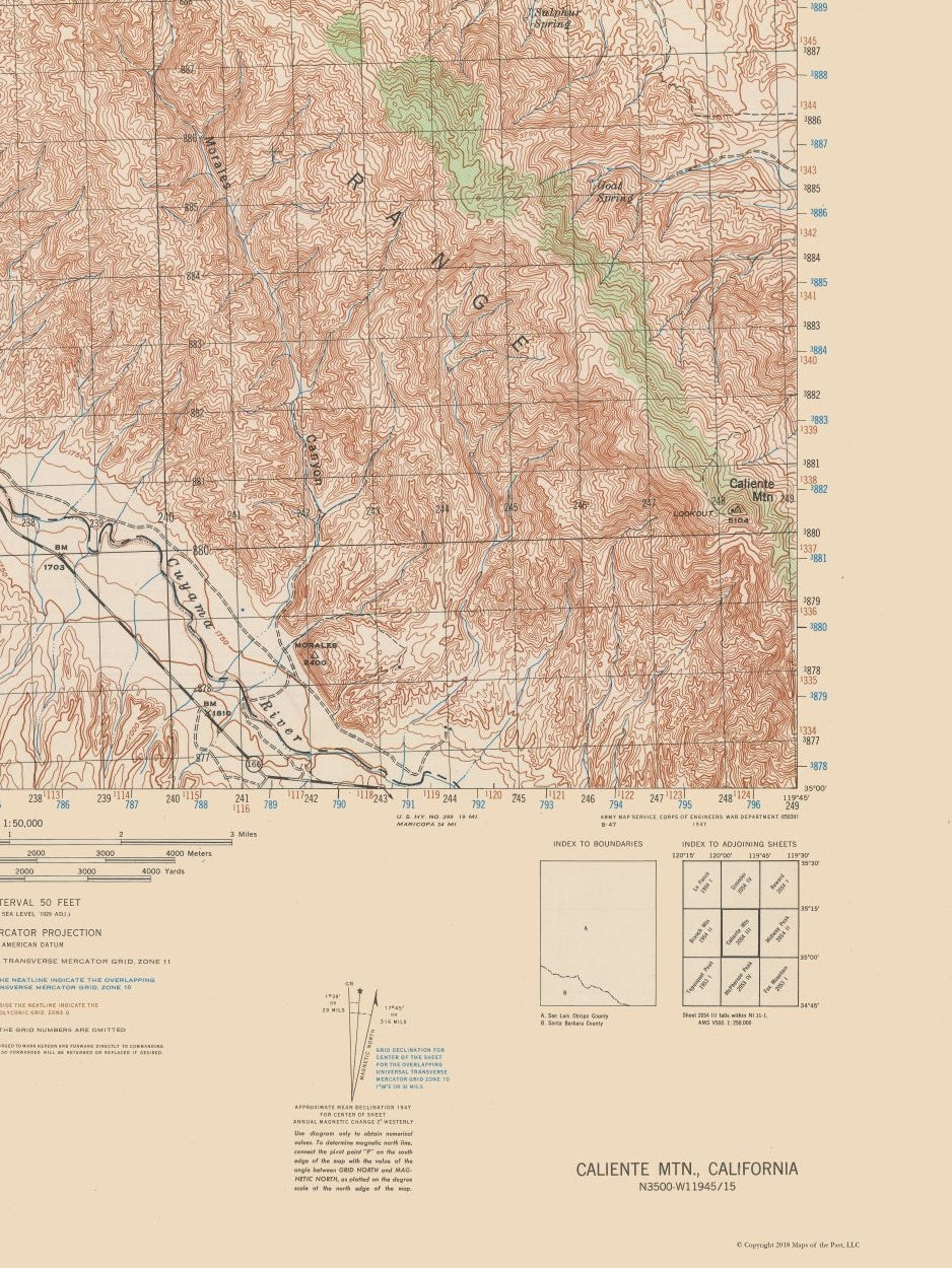 Topographical Map - Caliente Mountain Quad - USGS 1943 - 23 x 30.64 - Vintage Wall Art