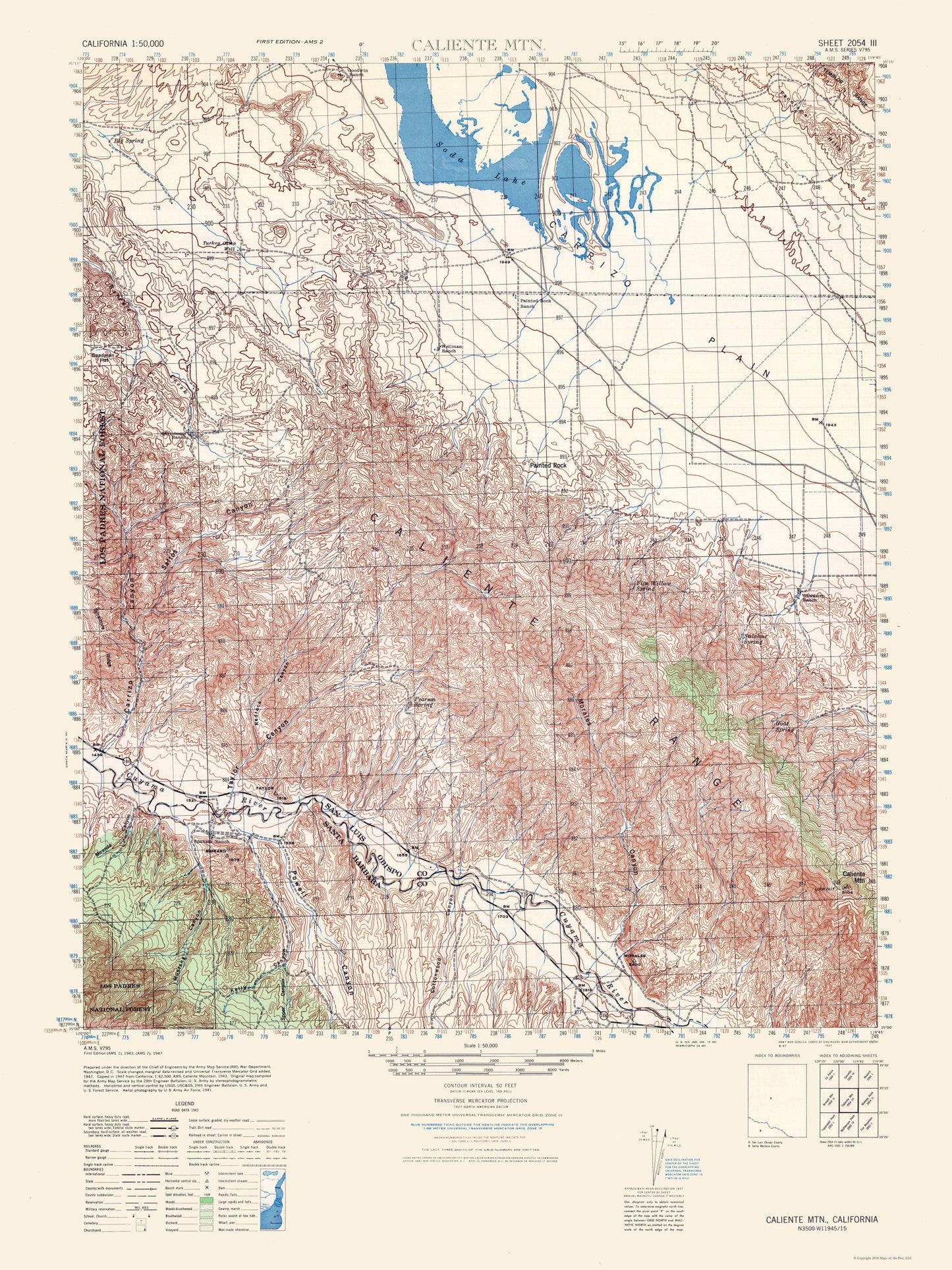 Topographical Map - Caliente Mountain Sheet - US Army 1943 - 23 x 30.67 - Vintage Wall Art