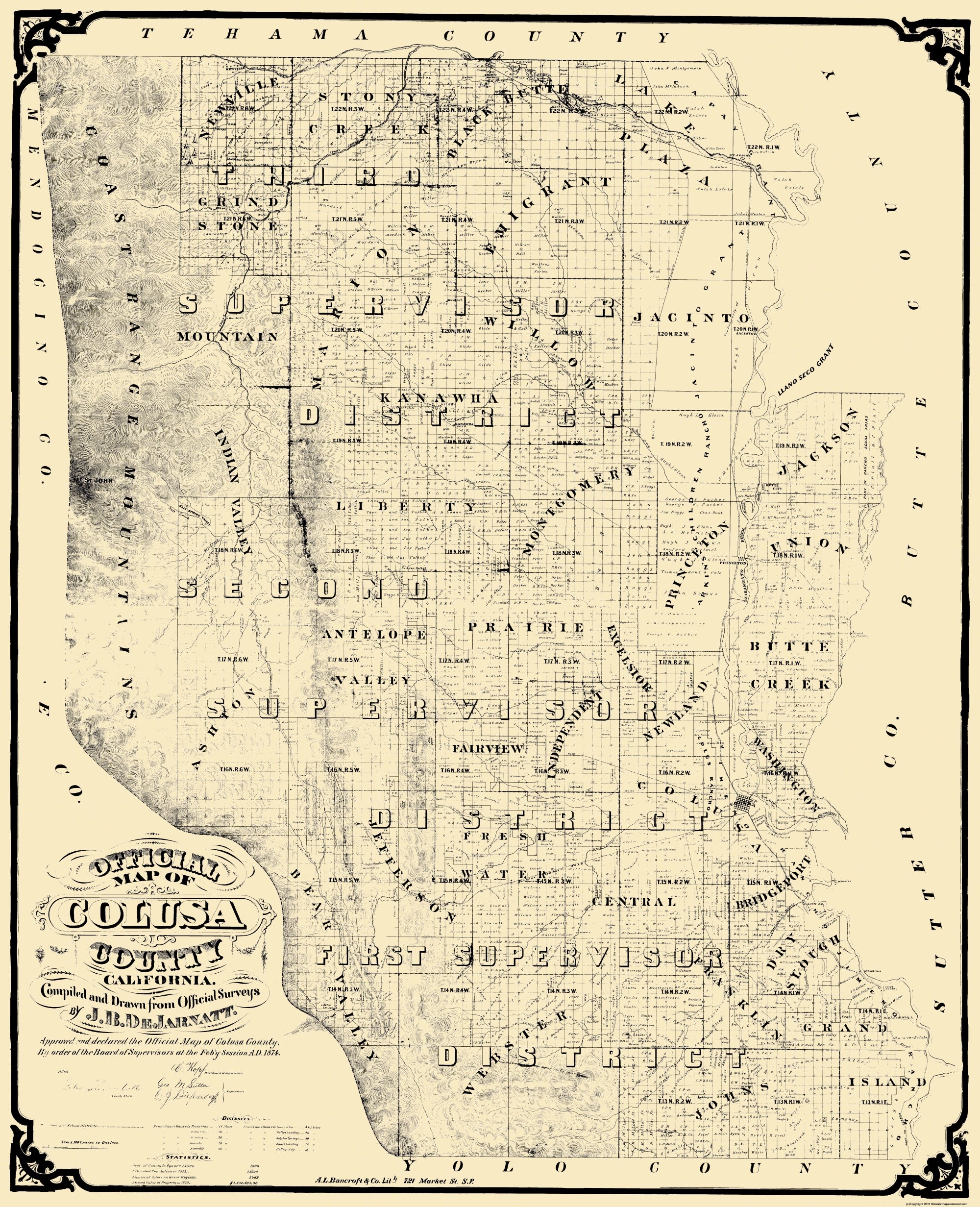 Historic County Map - Colusa County California - DeJarnett 1874 - 23 x ...