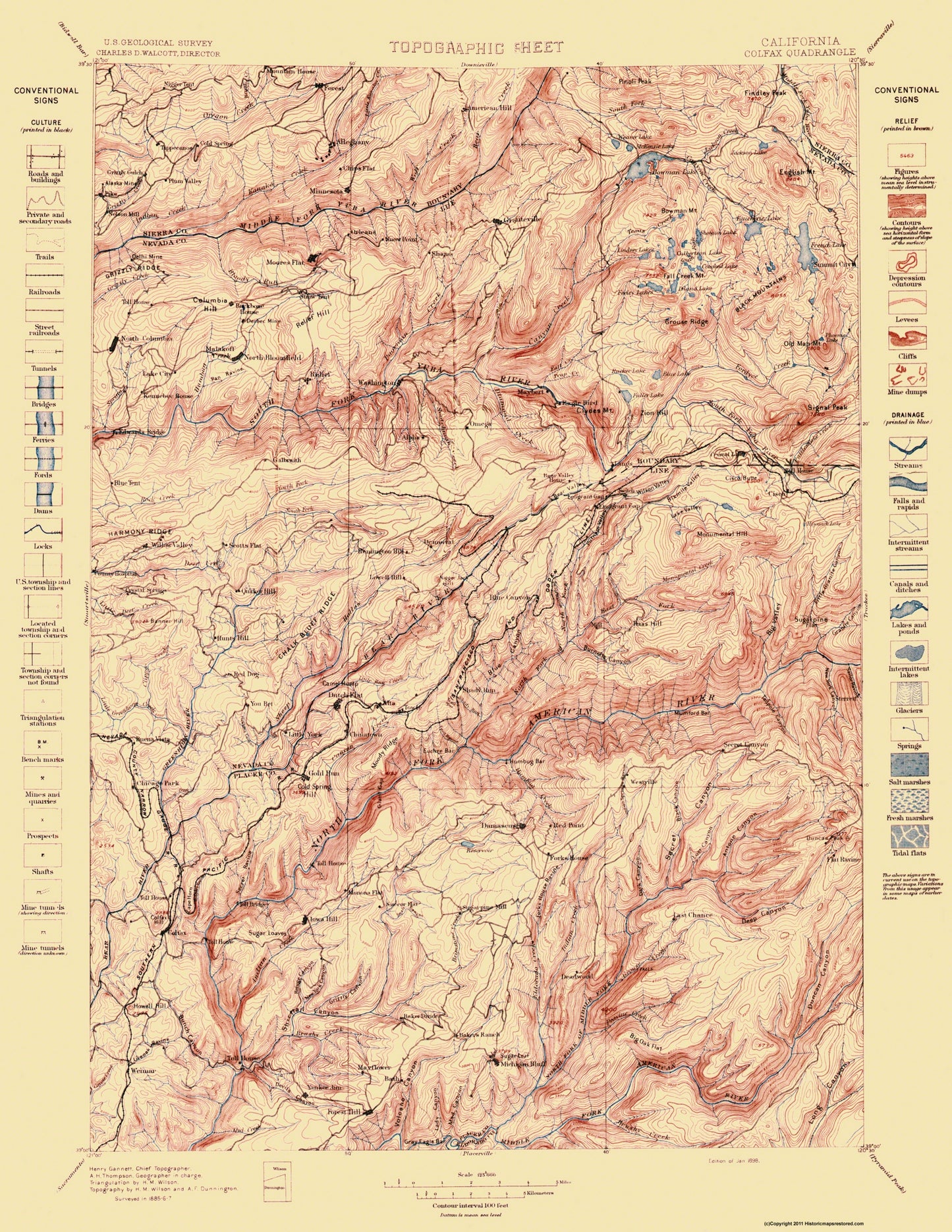 Topographical Map - Colfax California Quad - USGS 1898 - 23 x 29.77 - Vintage Wall Art