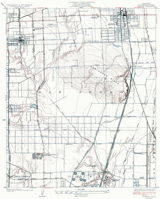 Topographical Map - Compton California Quad - USGS 1924 - 23 x 28.44 - Vintage Wall Art