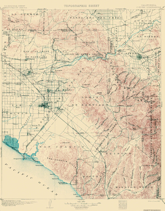 Topographical Map - Corona California Quad - USGS 1902 - 23 x 29.46 - Vintage Wall Art