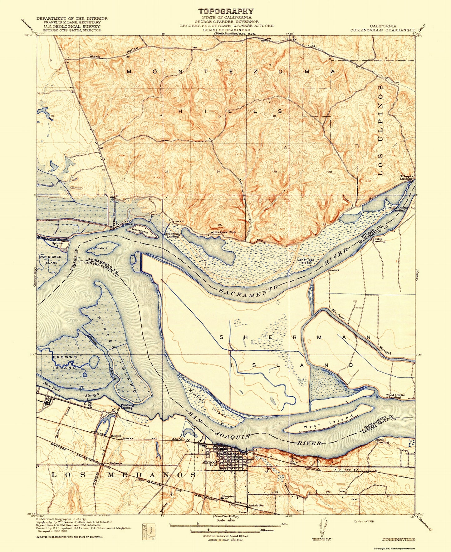 Topographical Map - Collinsville California Quad - USGS 1918 - 23 x 28.11 - Vintage Wall Art