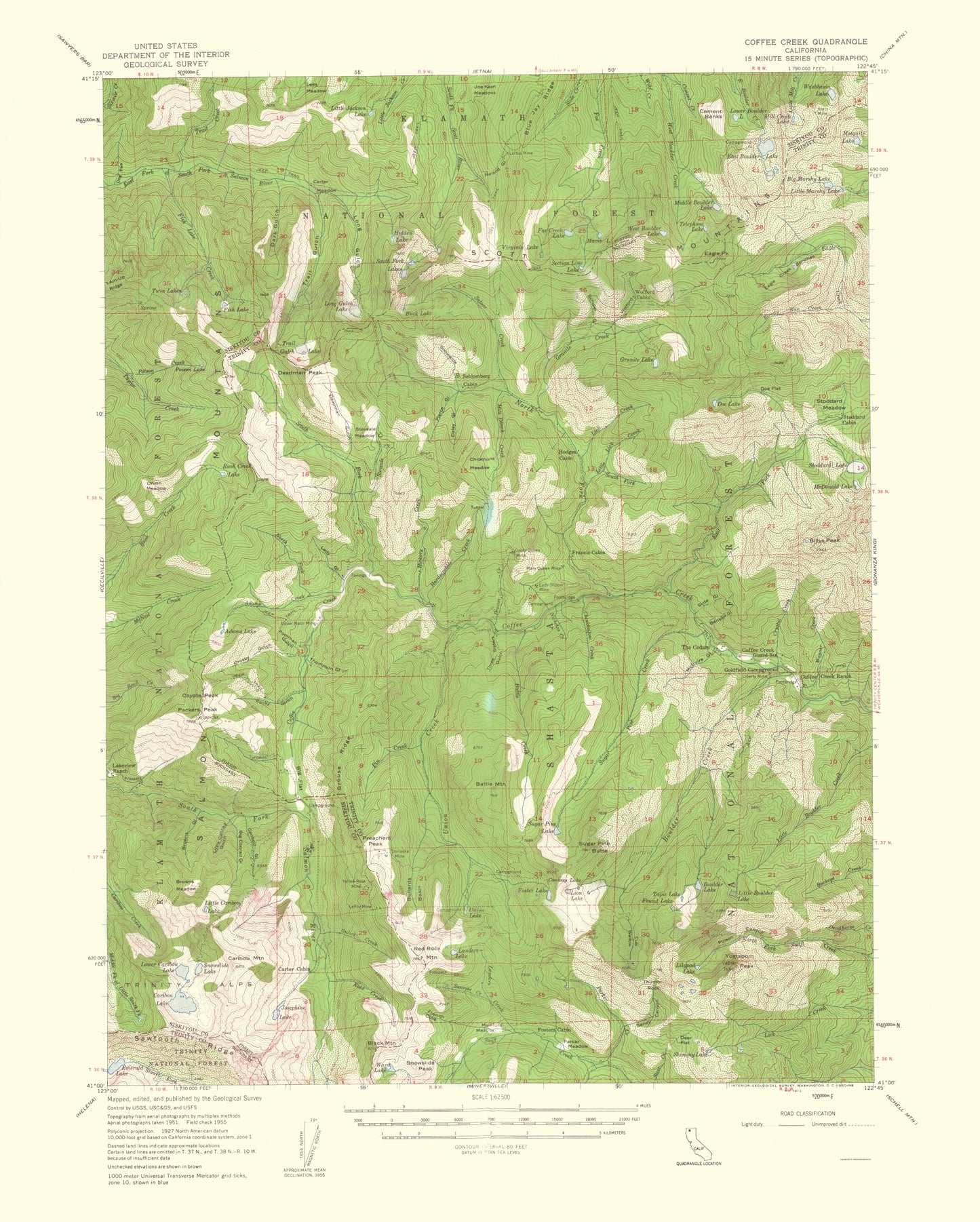 Topographical Map - Coffee Creek California Quad - USGS 1960 - 23 x 28.69 - Vintage Wall Art