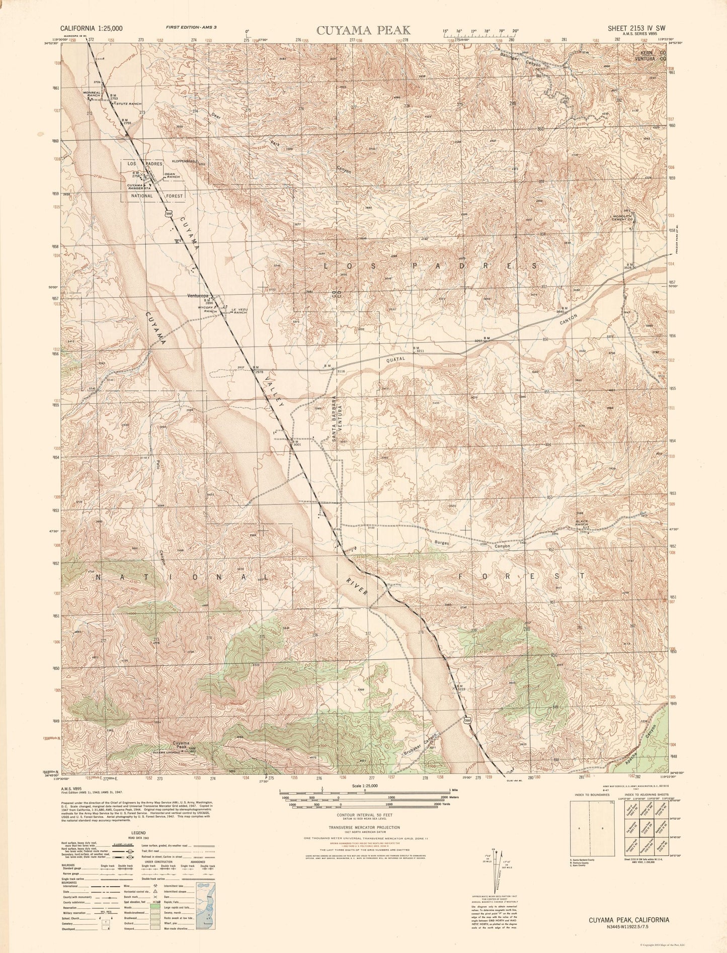 Topographical Map - Cuyama Peak Sheet - US Army 1943 - 23 x 30.17 - Vintage Wall Art