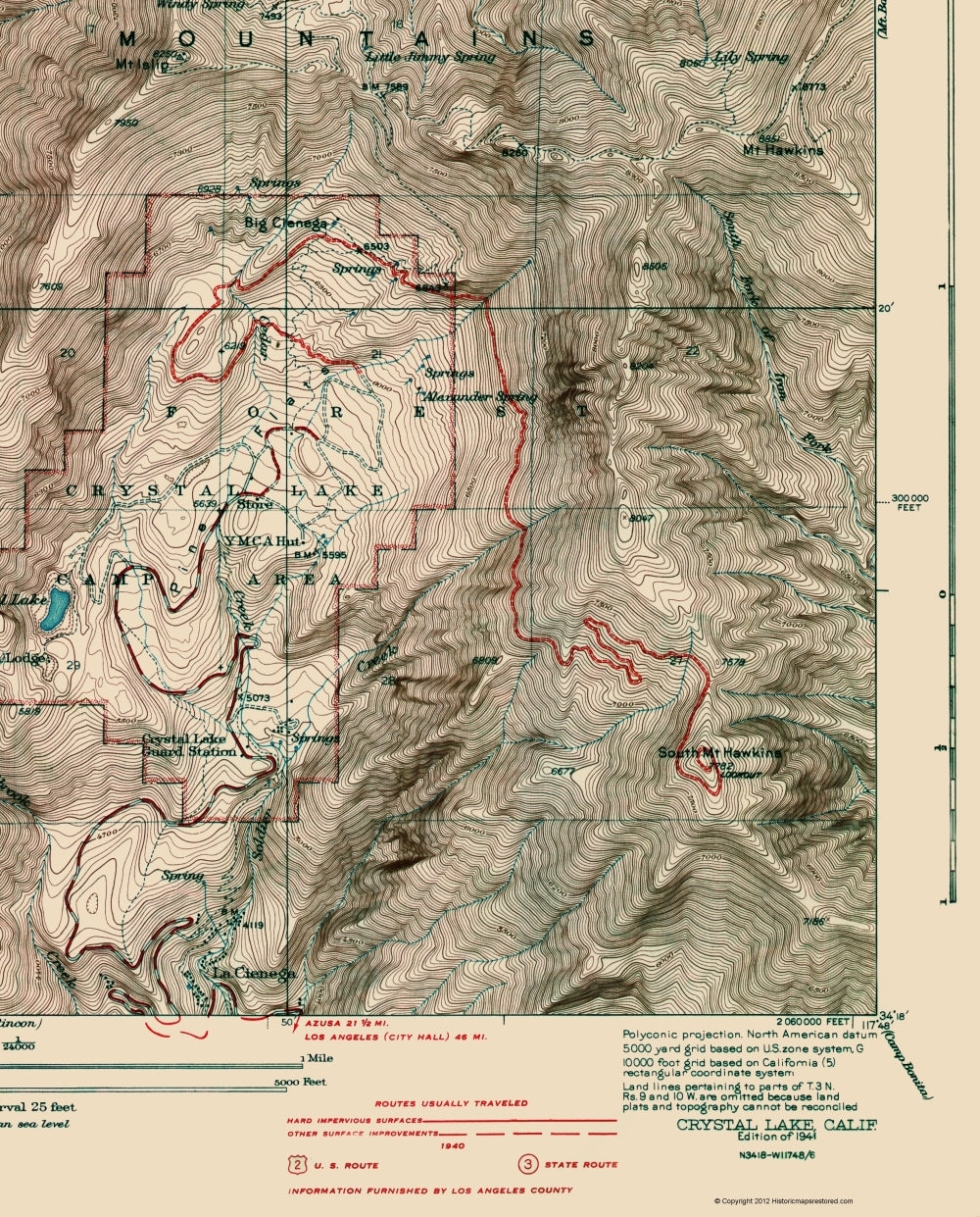 Topographical Map - Crystal Lake California Quad - Nessler 1941 - 23 x 28.54 - Vintage Wall Art