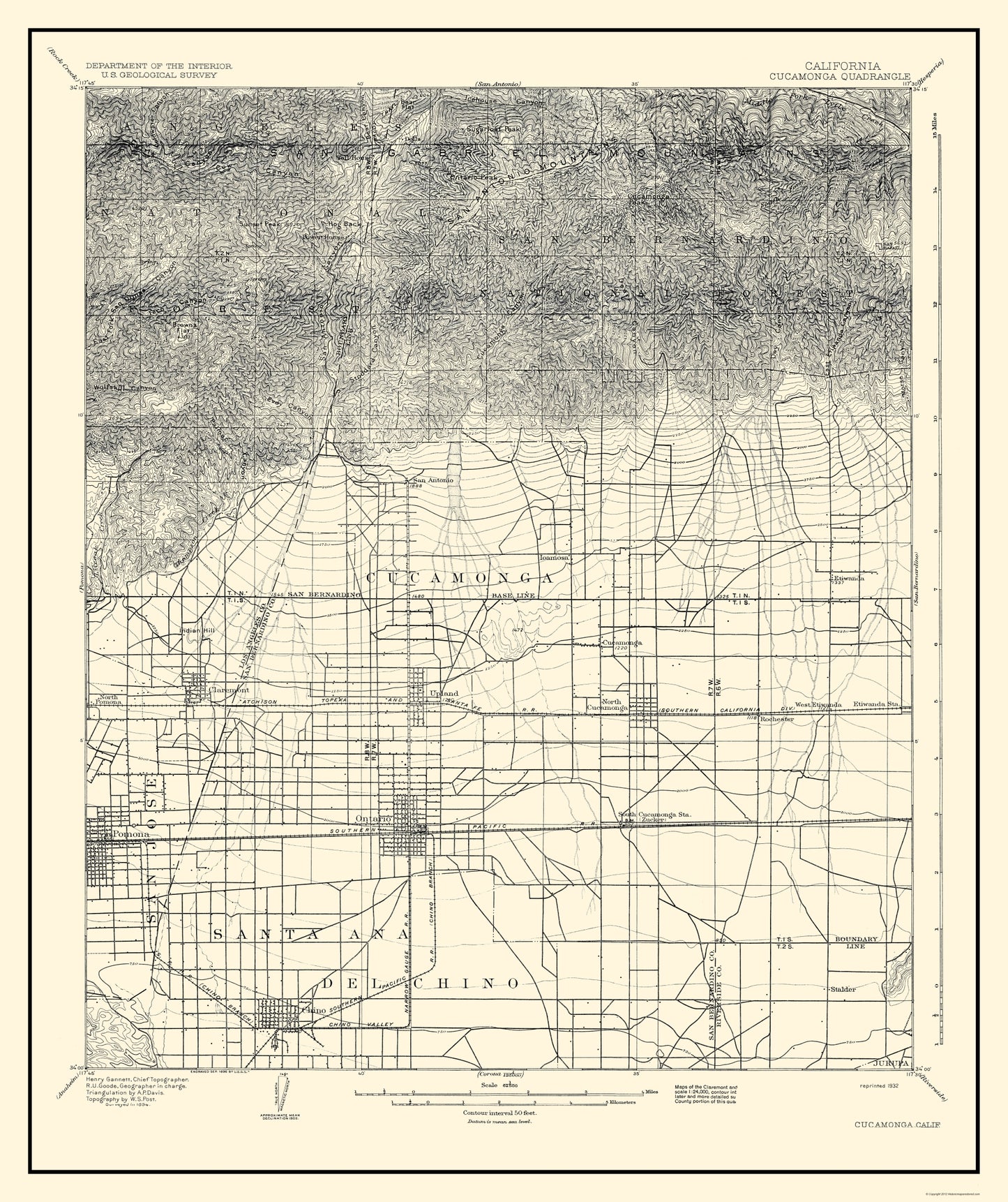 Topographical Map - Cucamonga California Quad - USGS 1932 - 23 x 27.41 - Vintage Wall Art