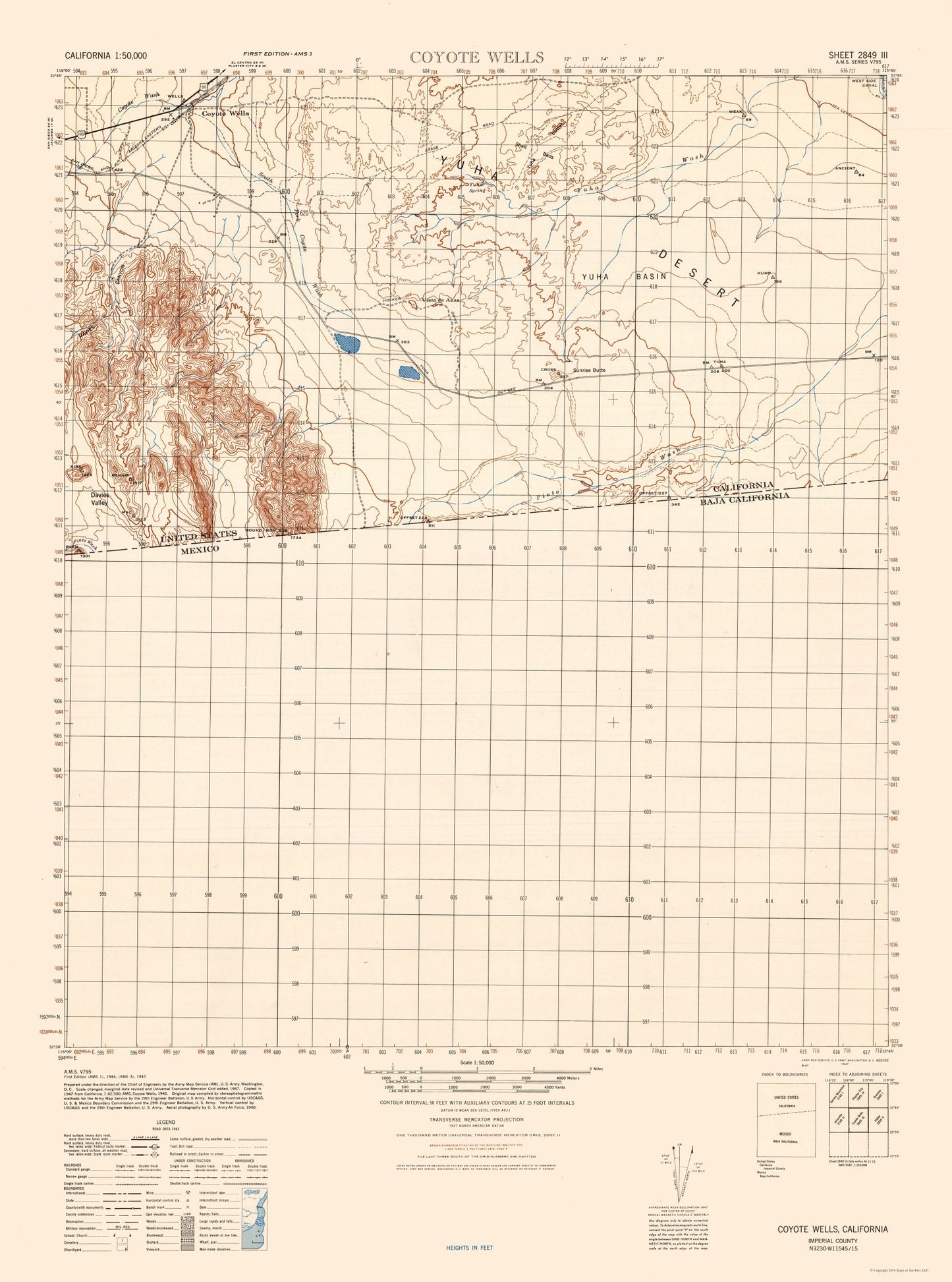 Topographical Map - Coyote Wells Sheet - US Army 1944 - 23 x 30.96 - Vintage Wall Art