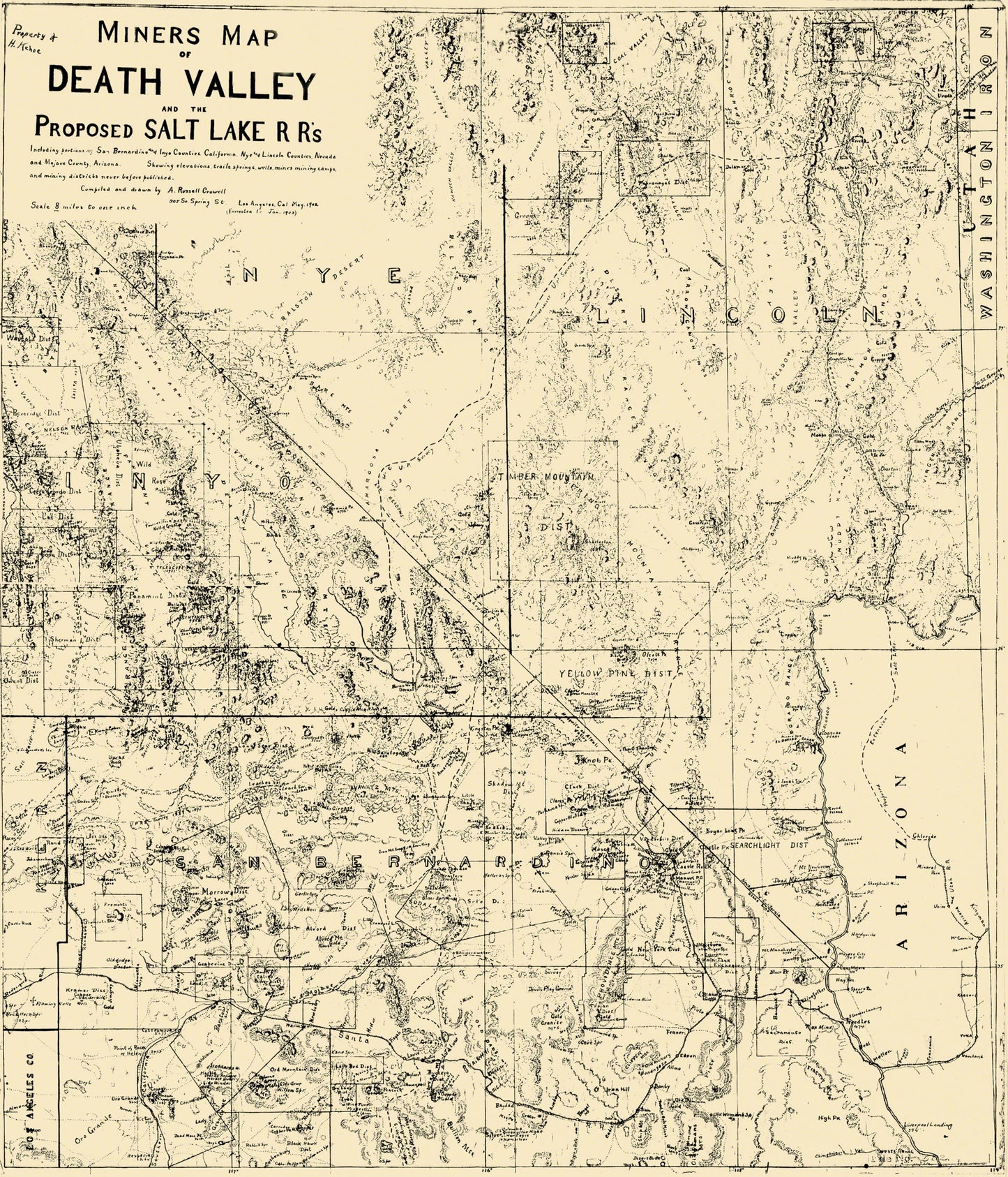 Historic Mine Map - Death Valley Miner Salt Lake Railroad - Crowell 1903 - 23 x 26 - Vintage Wall Art