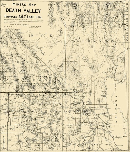 Historic Mine Map - Death Valley Miner Salt Lake Railroad - Crowell 1903 - 23 x 26 - Vintage Wall Art