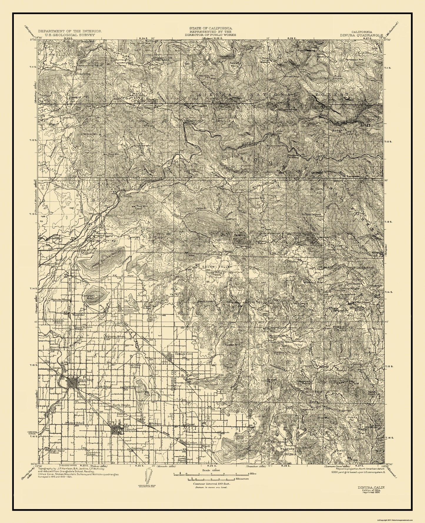 Topographical Map - Dinuba California Quad - USGS 1924 - 23 x 28.31 - Vintage Wall Art