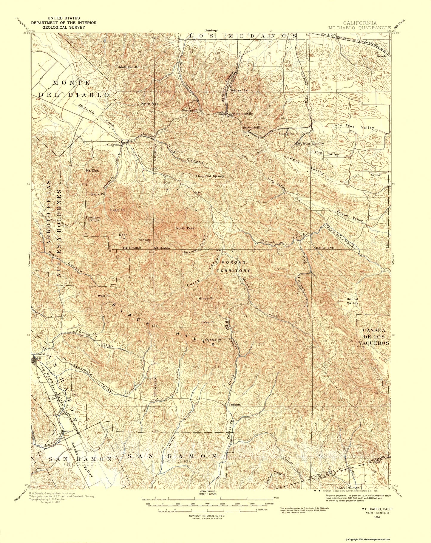 Topographical Map - Mt Diablo California Quad - USGS 1896 - 23 x 29 - Vintage Wall Art